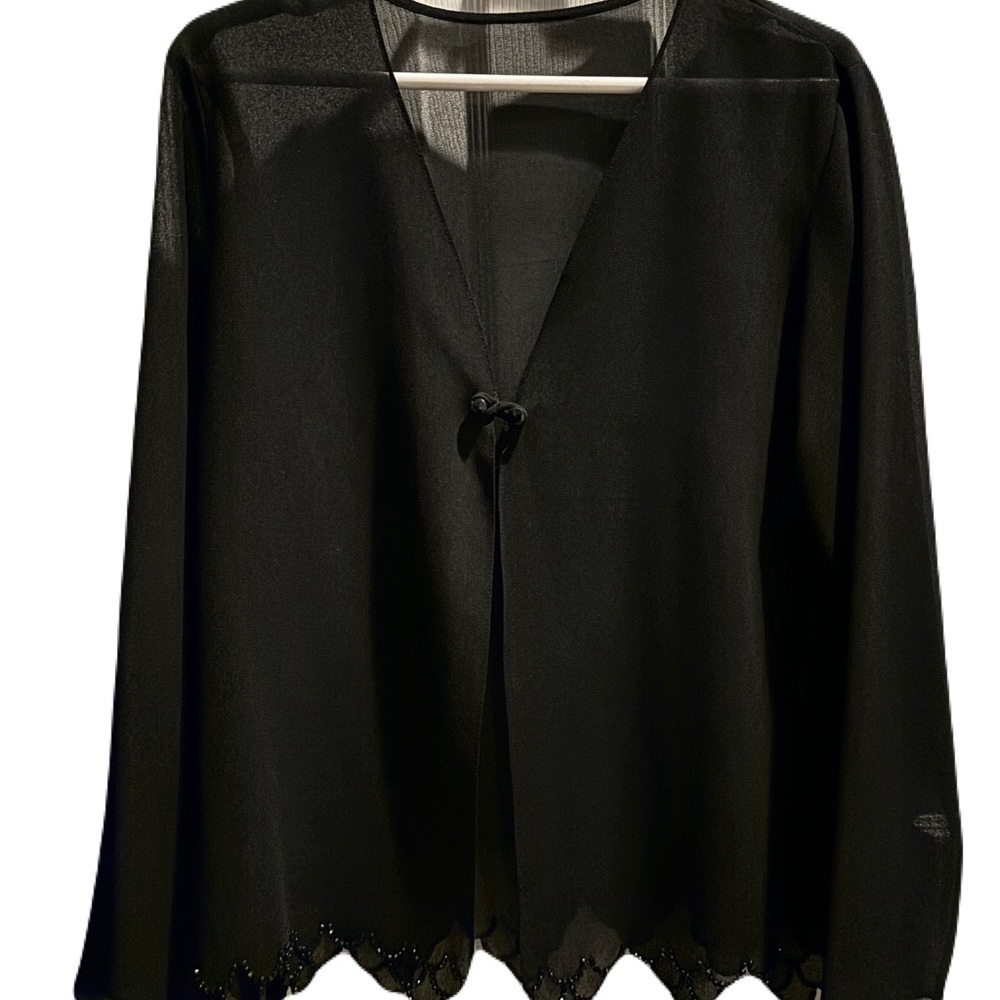 Elegant sheer Black Cardigan with Scalloped beaded Hem